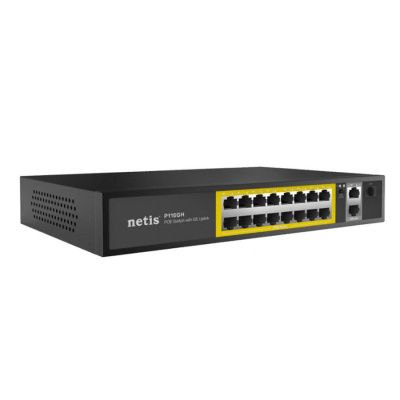 Неуправляемый 16-портовый PoE+ коммутатор NETIS P116GH, / 16FE*PoE+ (802.3af/802.3at) / 2*GE / 1*SFP Gigabit (1/10)